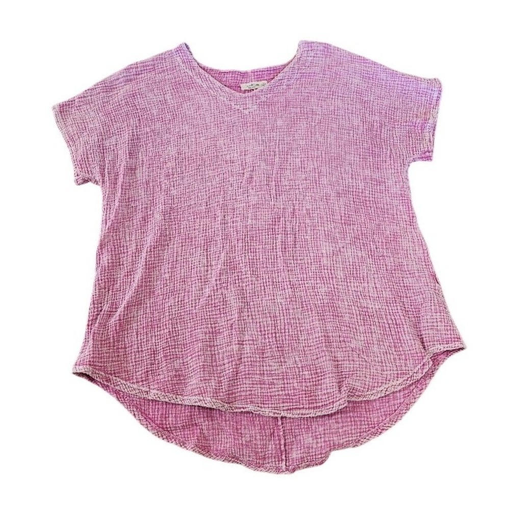 Jess & Jane Pink Cotton Double Gauze V-Neck High Low Top Women XL Short Sleeve